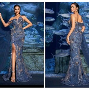 Embellished Navy Off-Shoulder Sequin Mermaid Prom Dress